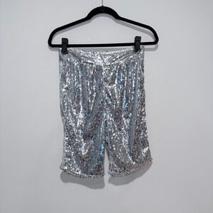 NWT PRETTY LITTLE THING Silver Sequin Cycle Shorts Sparkly Disco Festival Size 6
